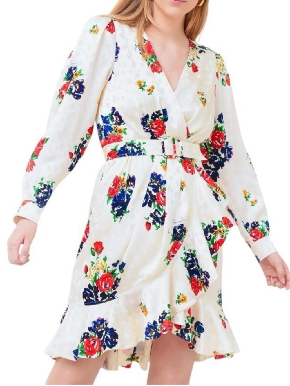 Tory Burch 100% Silk Cream Floral Wrap Dress with Red & Navy Blooms Size 6